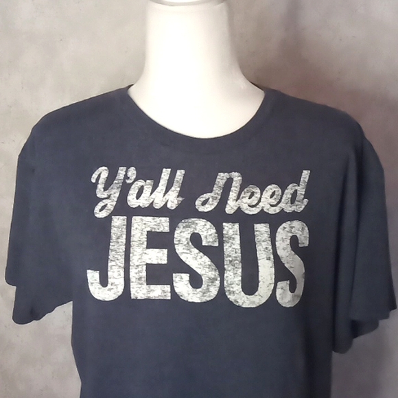 Graphic Tee, Distressed letters,say Y'all Need Jesus" Heather Blue color, size m - Picture 3 of 7